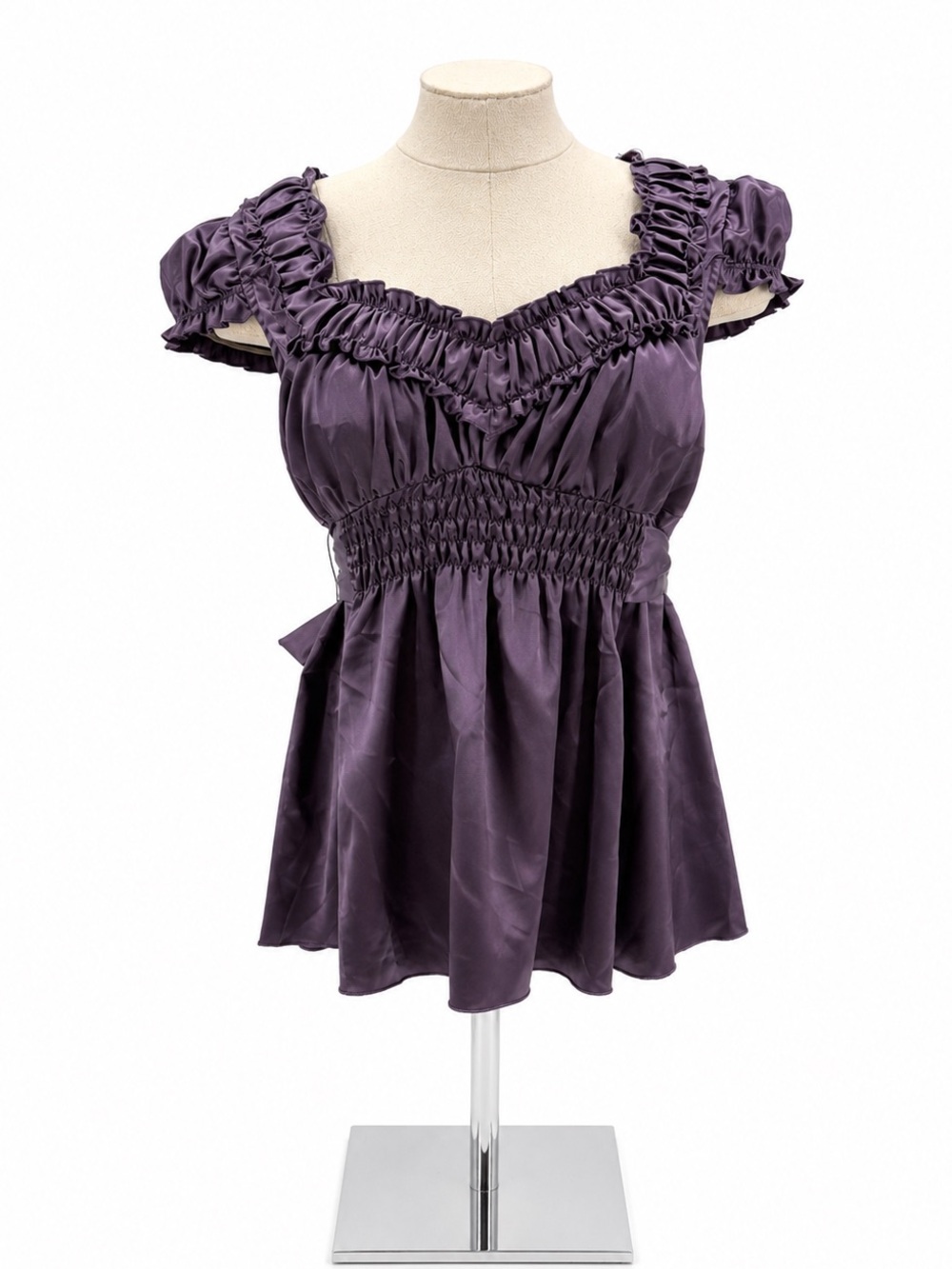 XOXO Purple Satin Y2k Blouse Top Tie Closure Size Medium Business Ruffle